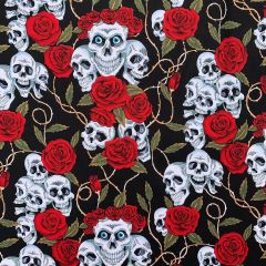 Discover Direct - 100% Cotton Fabric Halloween Skulls & Roses, Black/Red