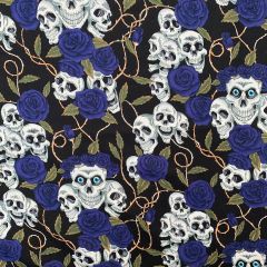 Discover Direct - 100% Cotton Fabric Halloween Skulls & Roses, Black/ Blue