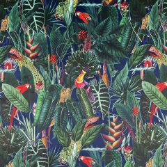 Discover Direct - Printed Velvet Curtain Fabric Rainforest Navy Blue